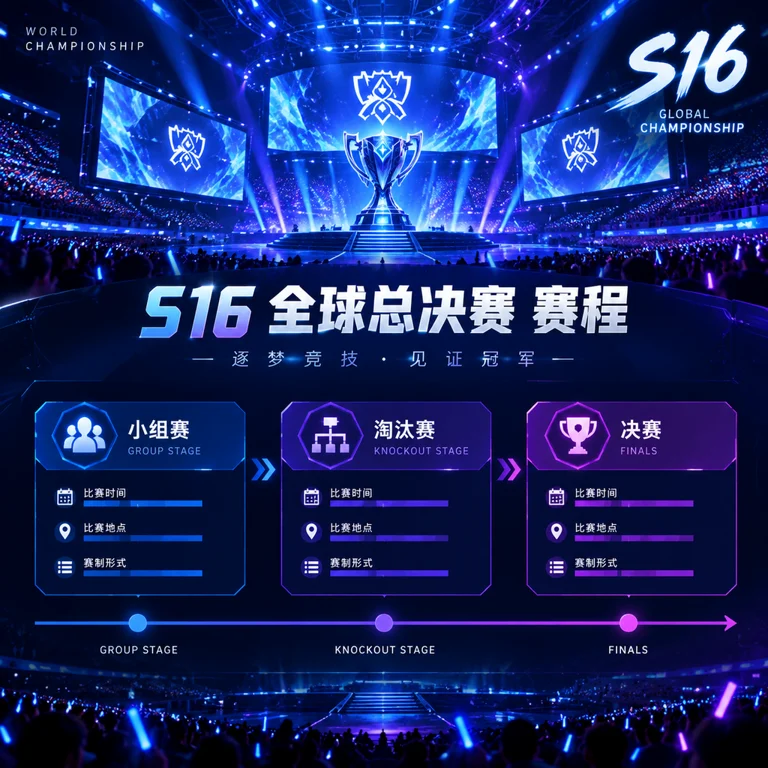 英雄联盟全球总决赛S16赛程信息页面与电竞观众观赛场景